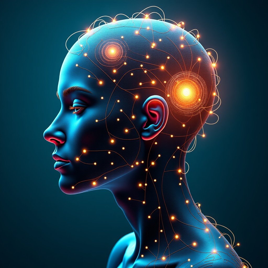 A conceptual illustration of a human profile integrated with glowing digital circuitry and neural networks representing advanced intelligence, textured background, artistic style, 4:3