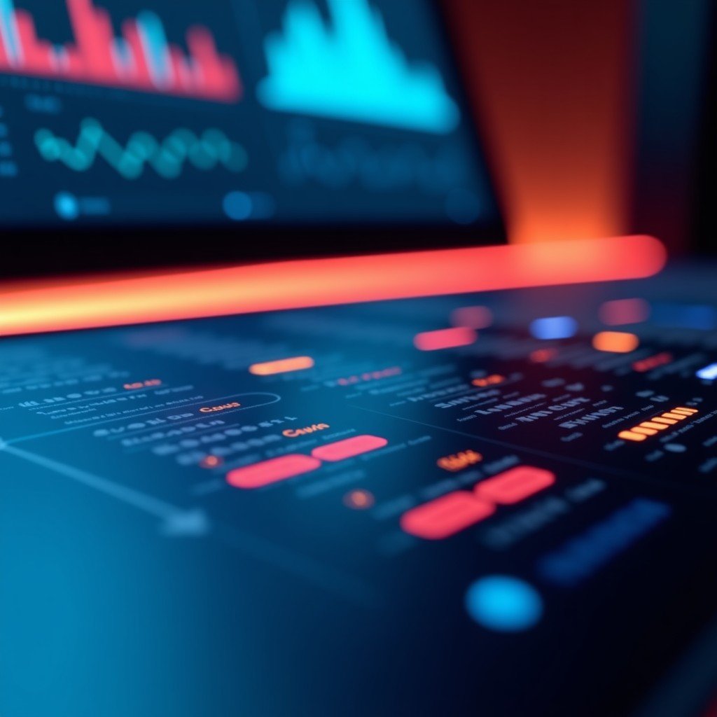 Close-up of digital film production interface with abstract tech elements, deep colors, cinematic lighting, sleek and modern atmosphere, 4:3 ratio.