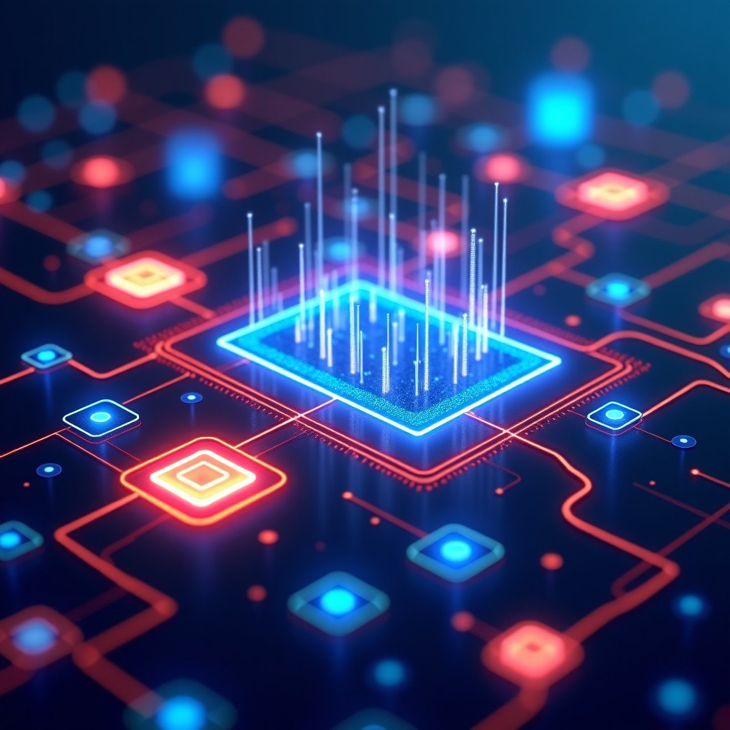 A futuristic digital user interface with glowing icons and floating windows. Vibrant colors and high-tech visualization of data processing. 4:3