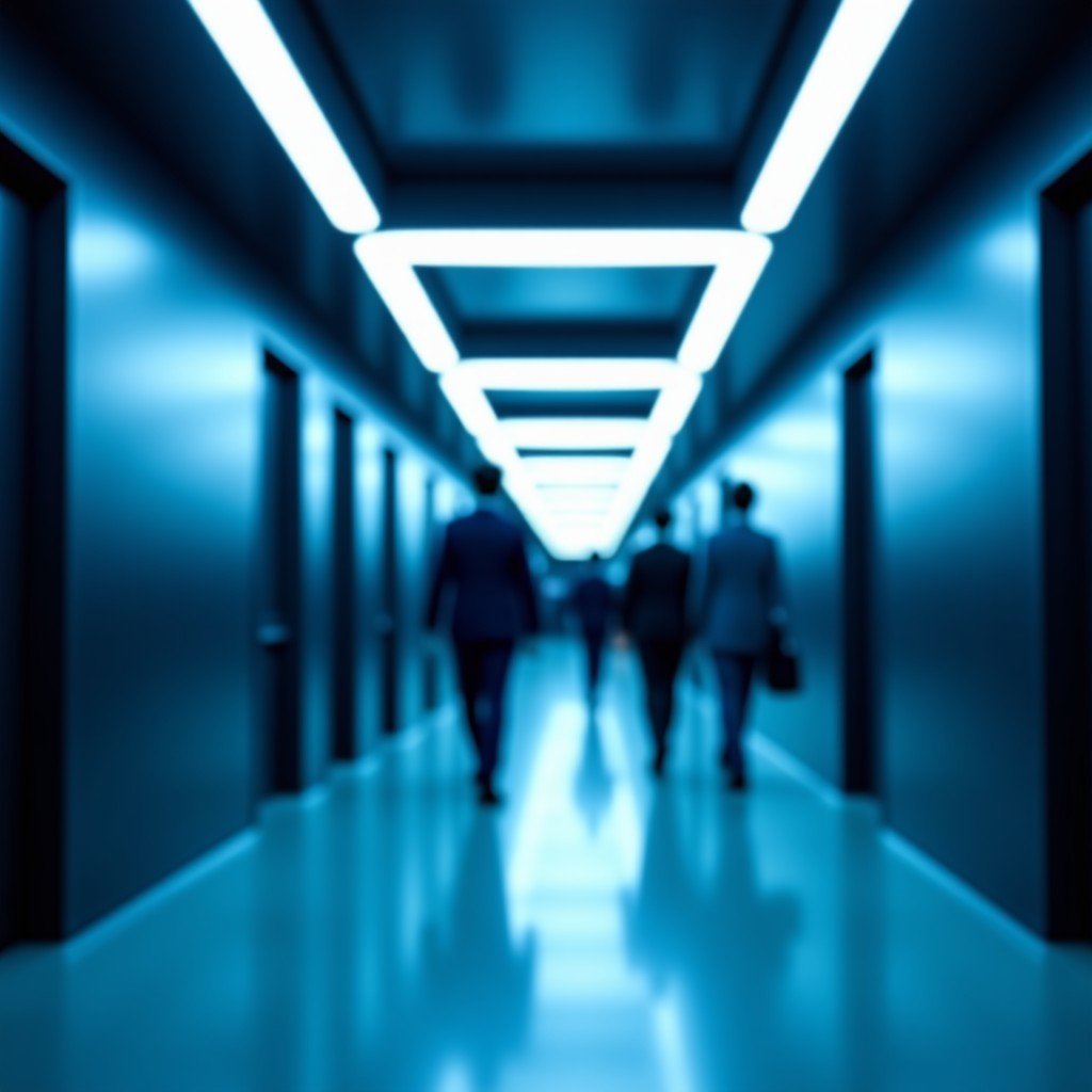 Wide shot of a clean modern tech office hallway with blue lighting, people walking in the distance, sharp focus on architectural lines, 4:3 aspect ratio.