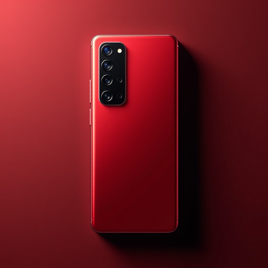 Close up of a premium smartphone back in a deep sophisticated red color, focusing on the triple camera lens with metallic accents, sleek and elegant texture, 4:3
