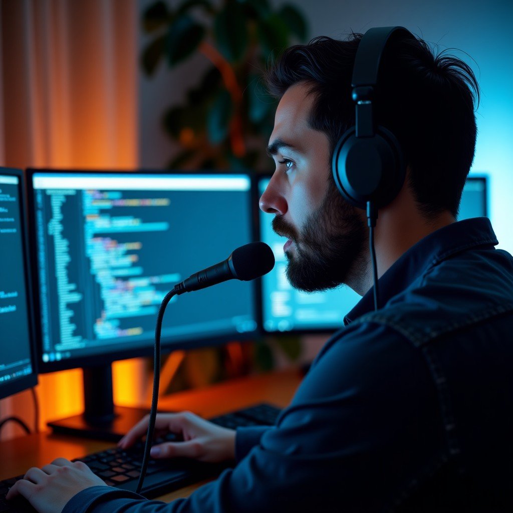 A professional software engineer speaking into a high-quality microphone in a modern dark-themed home office. Multiple monitors show complex code and AI terminal interfaces. Cinematic lighting, focused atmosphere, realistic style. 4:3