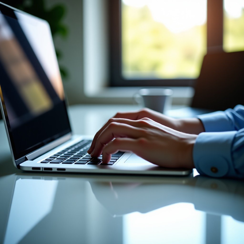 High quality close up shot of a person using a premium laptop keyboard, clean desk aesthetic, professional office setting, realistic, 4:3 aspect ratio.