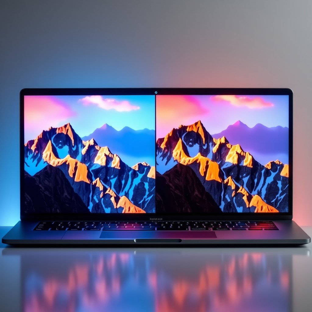A side-by-side comparison of two high-end laptop displays. One side shows standard brightness and colors while the other side shows extremely vivid HDR colors with deep blacks and bright highlights. The screens are displaying a colorful mountain landscape. Clean studio setting with soft lighting. 4:3