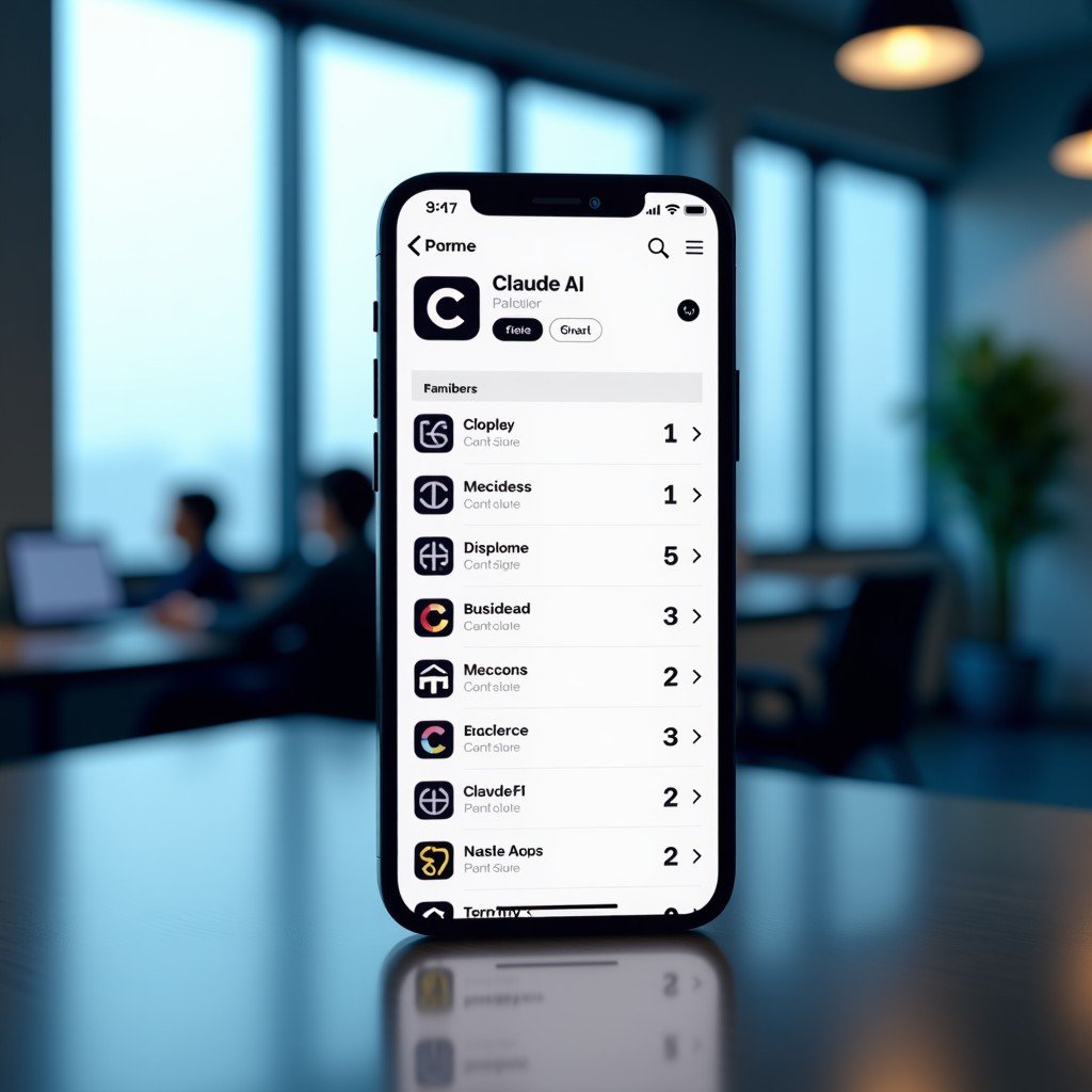 A sleek smartphone screen displaying the Apple App Store rankings with the Claude AI app icon prominently at the number one spot. The background is a blurred modern office setting with soft blue and white lighting. No text on screen except for abstract UI elements. 4:3