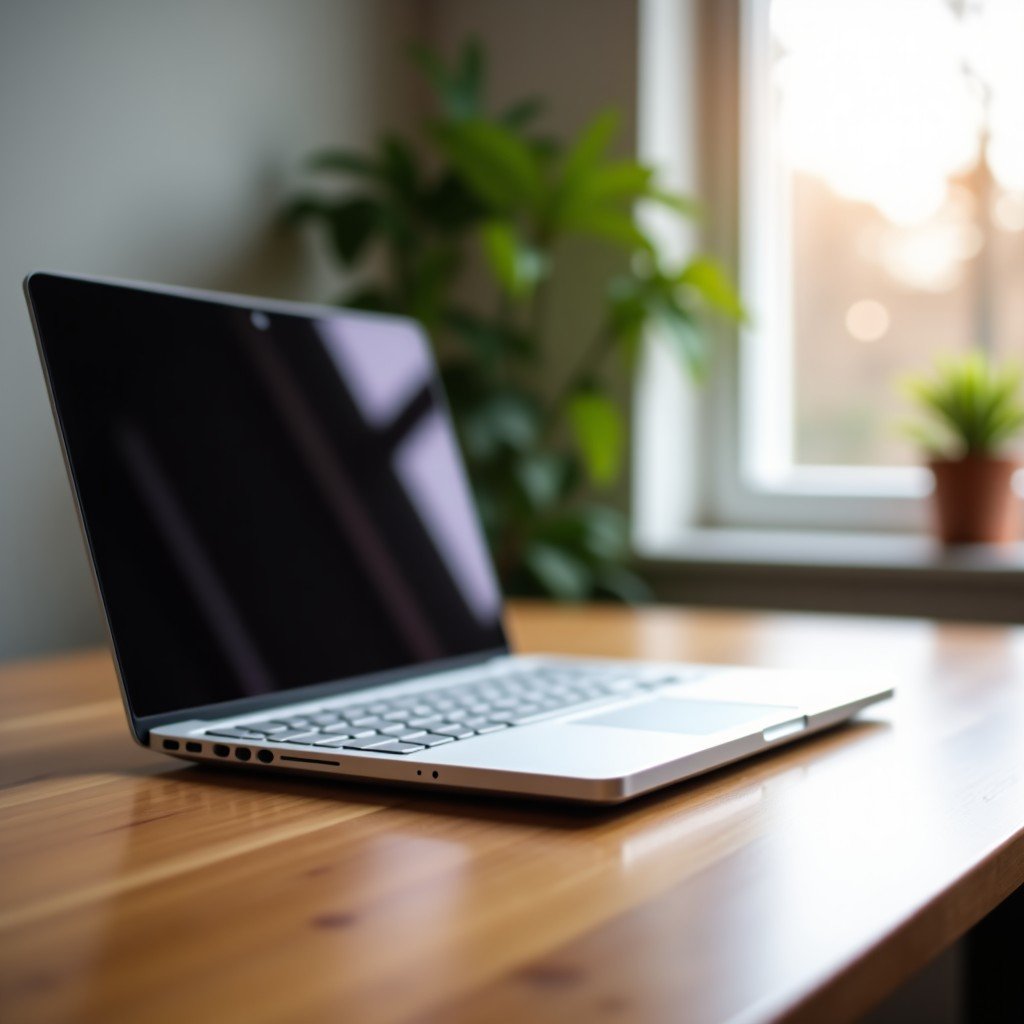 A realistic photo of a very thin and light silver laptop on a clean wooden desk with a minimalist aesthetic, soft natural morning light from a window, professional photography, high resolution. 4:3