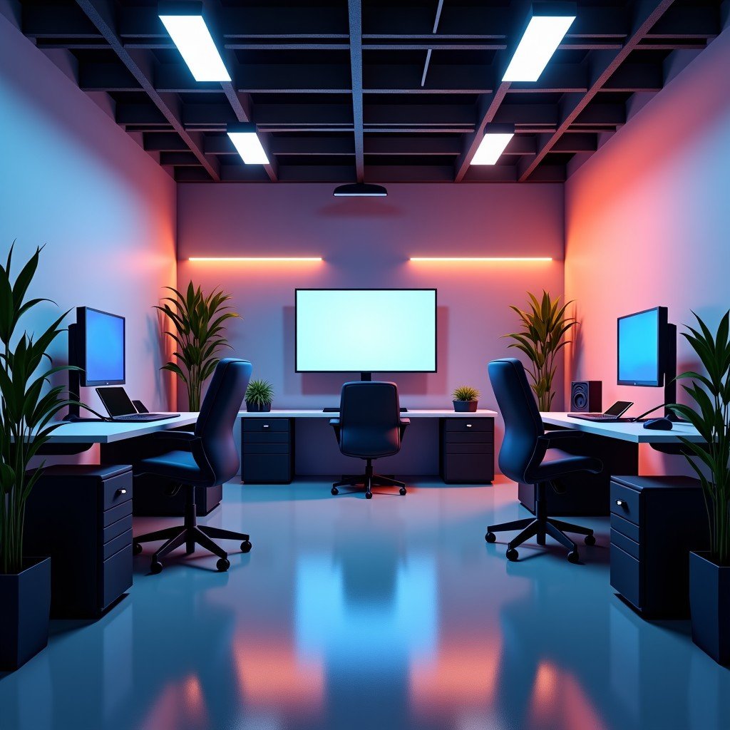 Modern film studio interior with advanced digital interfaces and technical equipment, clean professional design, cinematic color palette, 4:3 ratio.