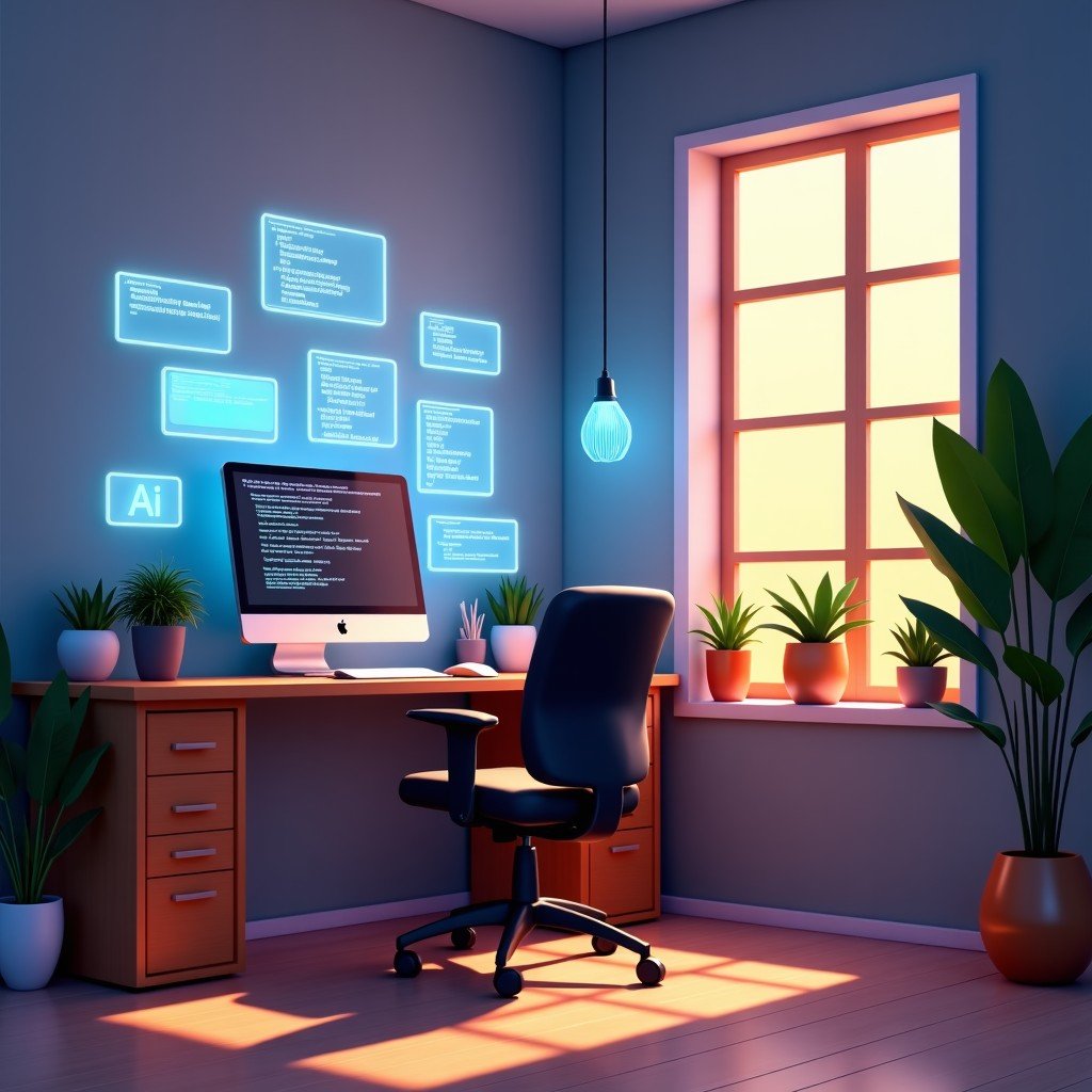 A futuristic and cozy home office setup for a developer. Holographic displays showing code structures and AI interaction nodes. Warm wooden desk, plants, and a comfortable ergonomic chair. Artistic rendering, high detail, balanced lighting. 4:3