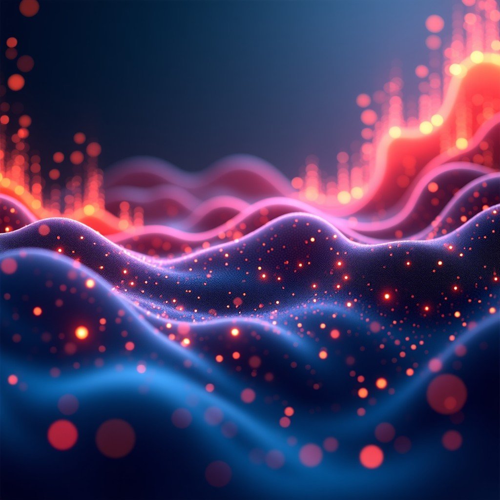 An abstract visual representation of digital and organic musical sounds blending together, futuristic concept, vibrant colors, detailed textures, 4:3