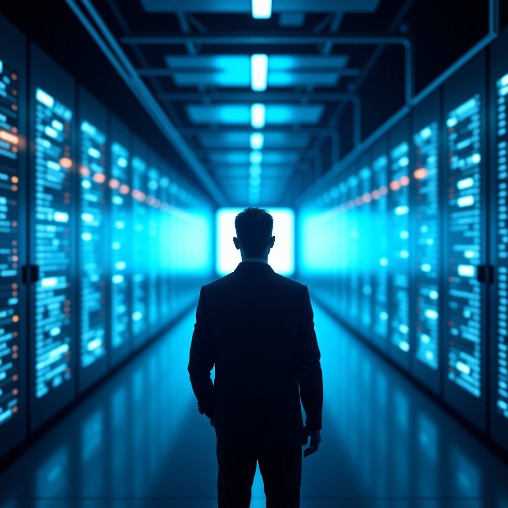 A technology expert looking at a vast futuristic data center with glowing blue lights, cinematic atmosphere, wide composition, 4:3