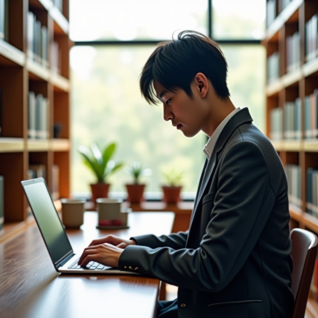 A Korean university student using a thin laptop in a bright modern library, blurred background with books and large windows, natural sunlight, warm and focused atmosphere. 4:3