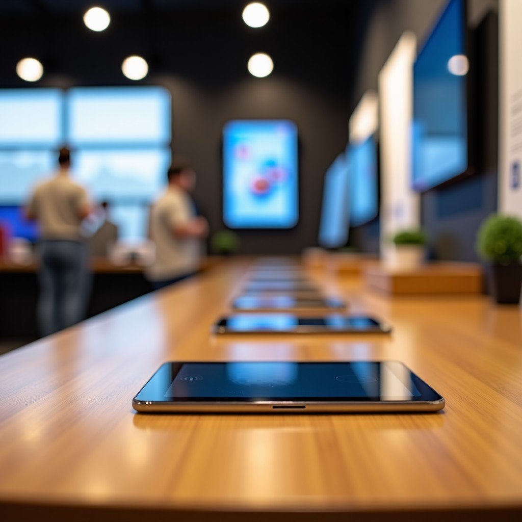 An electronics retail store interior with tablet displays on a polished wooden counter, soft blurred background, realistic lifestyle photography, 4:3 aspect ratio