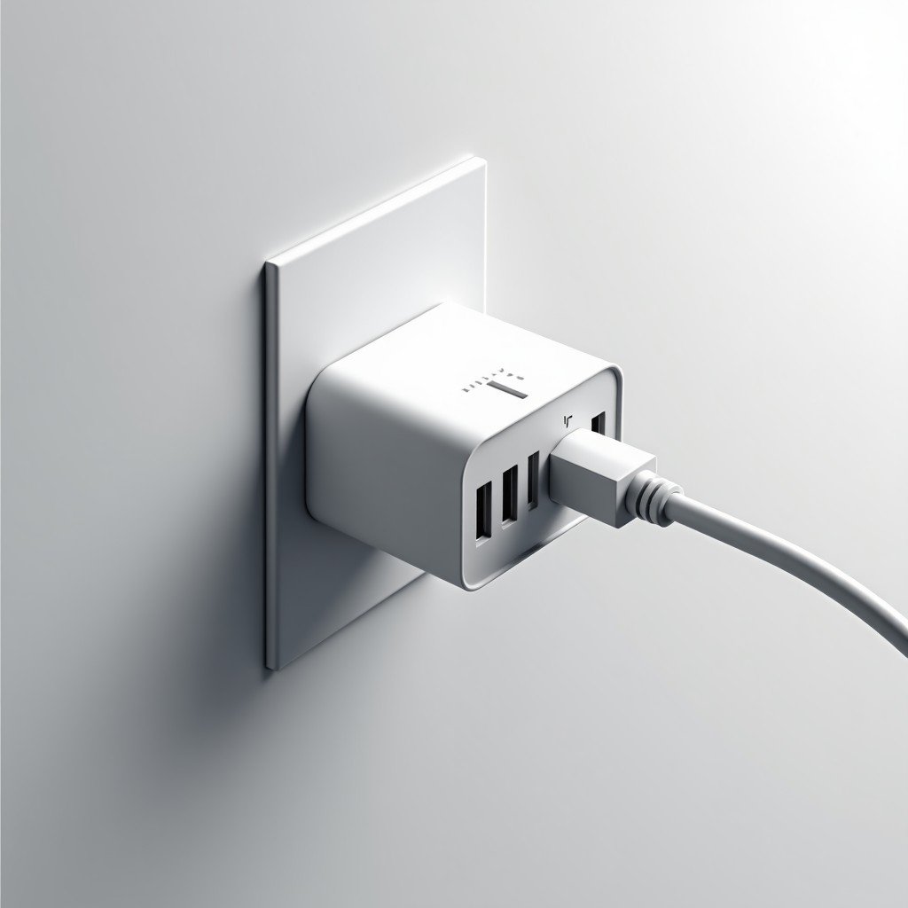 A professional wall charger with four USB-C ports plugged into a modern wall outlet, minimalist design, tech accessory photography, clean and bright background, 1:1