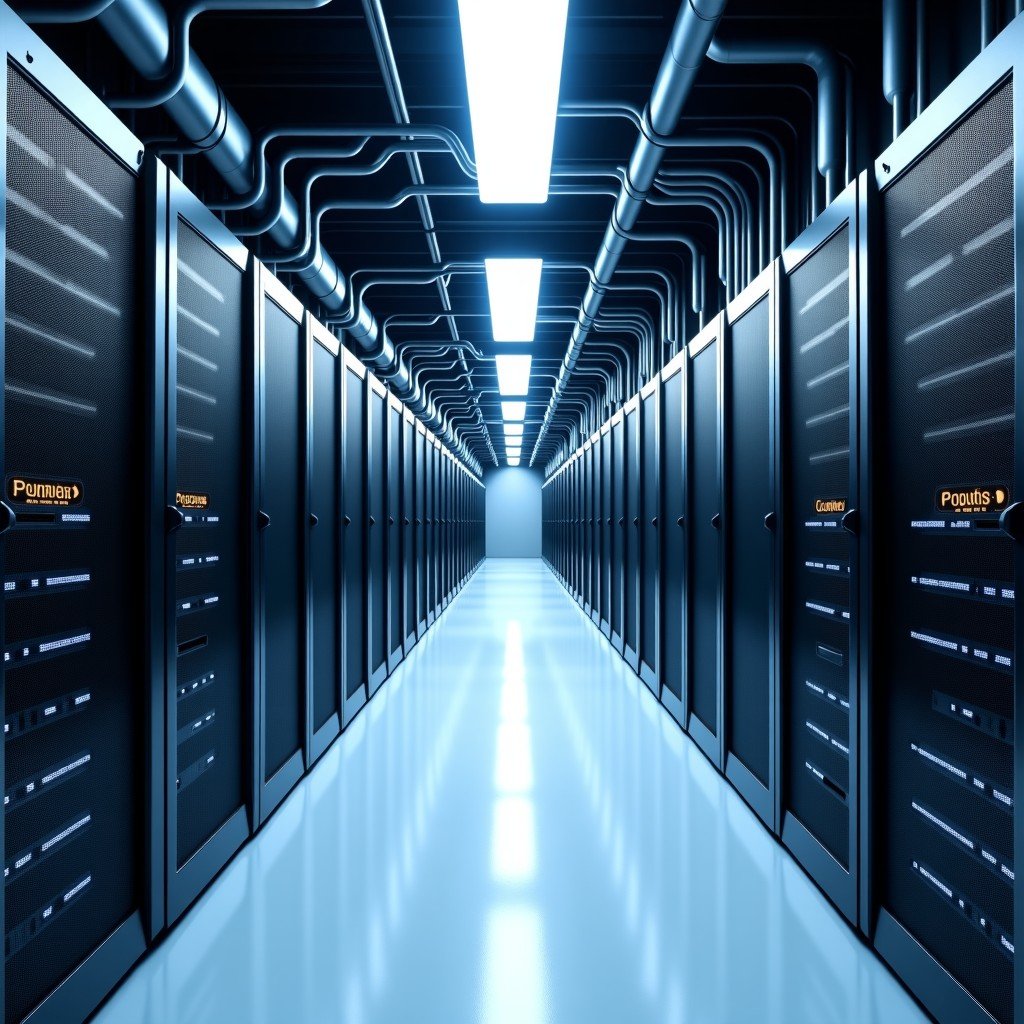 Complex server room infrastructure with many cables and fragmented server units, futuristic and clean design, high contrast lighting, 4:3