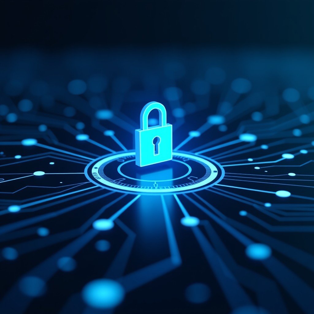 A high-tech digital security background with abstract glowing circuit lines and a padlock icon symbolizing network protection, professional infographic style, 16:9 aspect ratio, blue and dark grey tones.