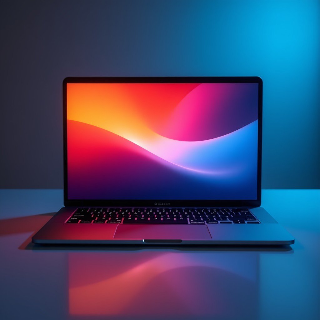 A sleek modern laptop with a vibrant OLED screen showing deep blacks and high contrast colors, professional photography, studio lighting, no text, 4:3