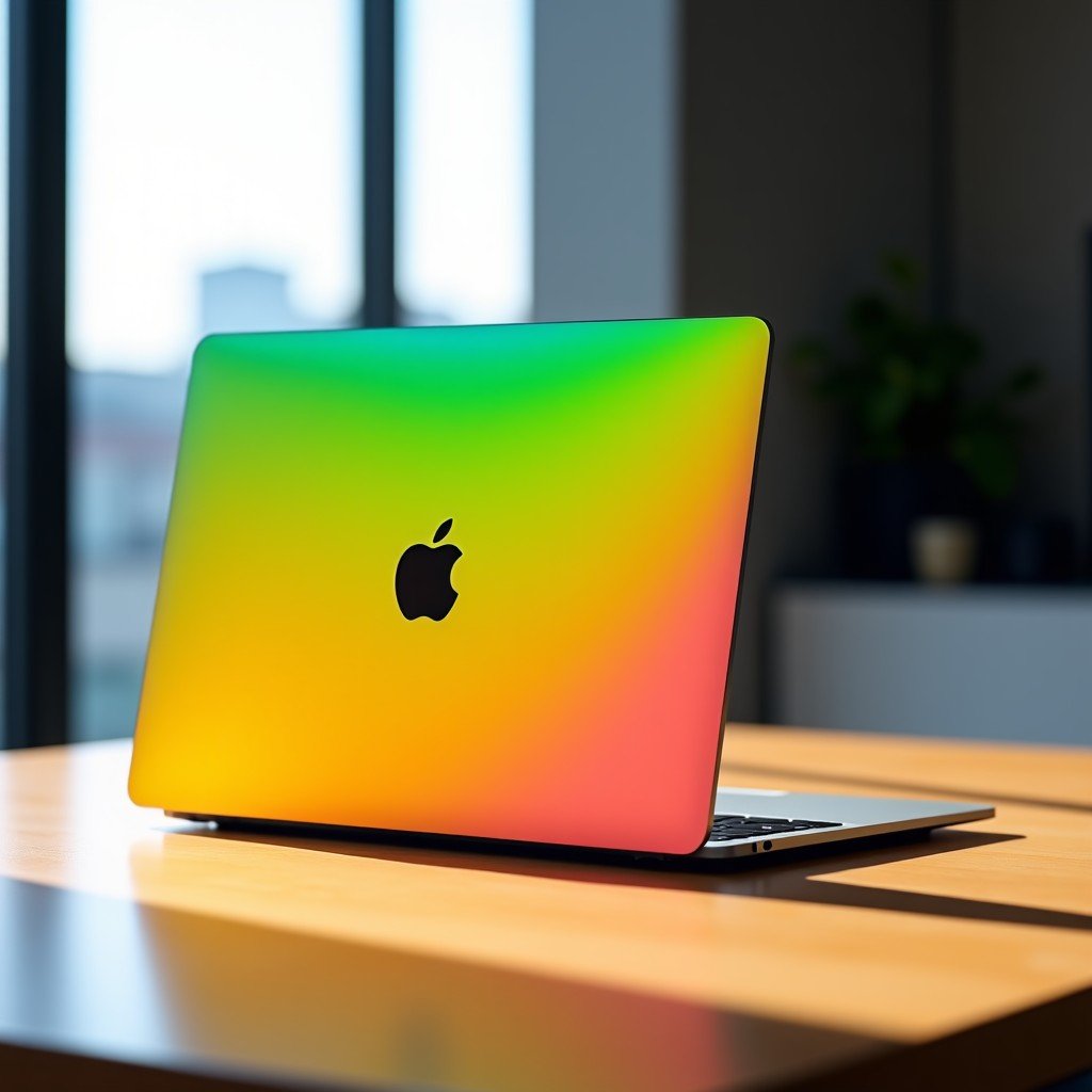 A sleek and modern 12.9-inch laptop with a slim aluminum chassis, featuring multiple vibrant colors like green, yellow, and pink, placed on a minimal wooden desk, natural sunlight, professional lifestyle photography, 4:3