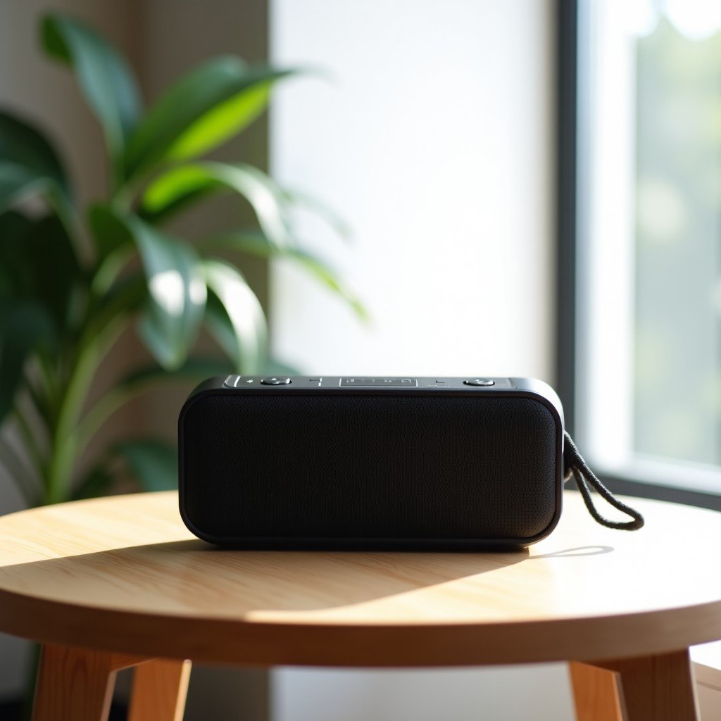 A sleek and modern portable speaker with a carrying loop on the back, placed on a minimalist wooden table. Soft natural light from a window, high-quality product photography style, clean aesthetic, 4:3