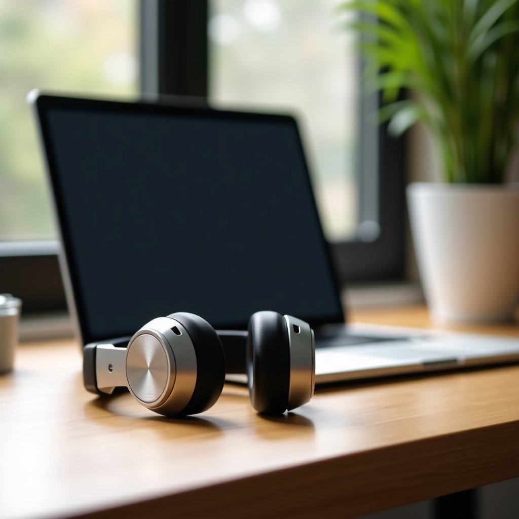 A high-quality lifestyle photograph of modern silver over-ear headphones resting on a clean wooden desk, soft morning lighting, professional product photography, 4:3.