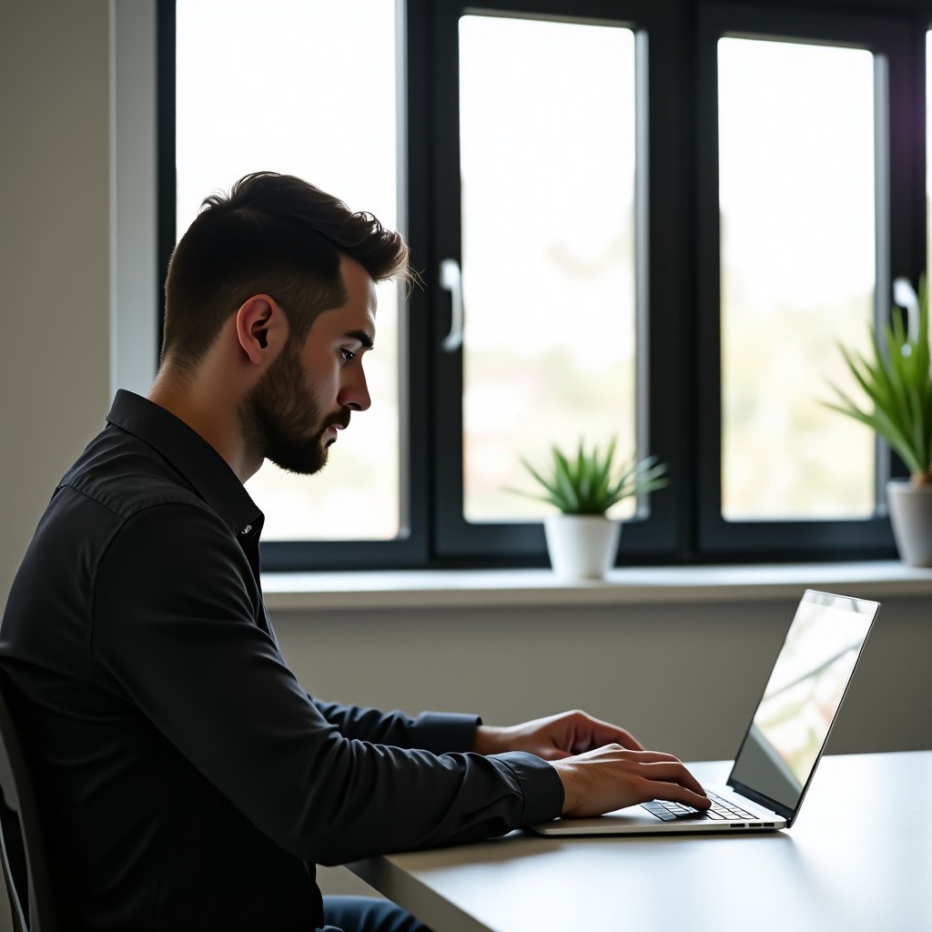 A person using a thin silver laptop in a modern minimalist office with large windows, natural sunlight, lifestyle photography, no text, 4:3