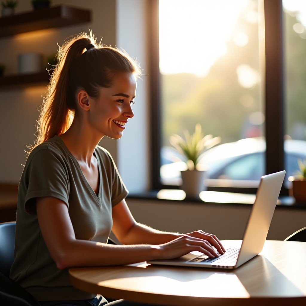 A lifestyle photography shot of a person using a thin and light silver laptop in a bright and minimalist modern cafe. The sunlight is streaming through a large window. The person looks focused and satisfied. Natural and warm atmosphere with a shallow depth of field. 4:3