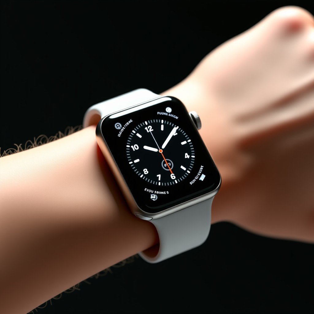 A high detailed close up of an Apple Watch Series 11 on a person wrist showing a clean health tracking interface, modern look, bright studio lighting, realistic textures, 4:3