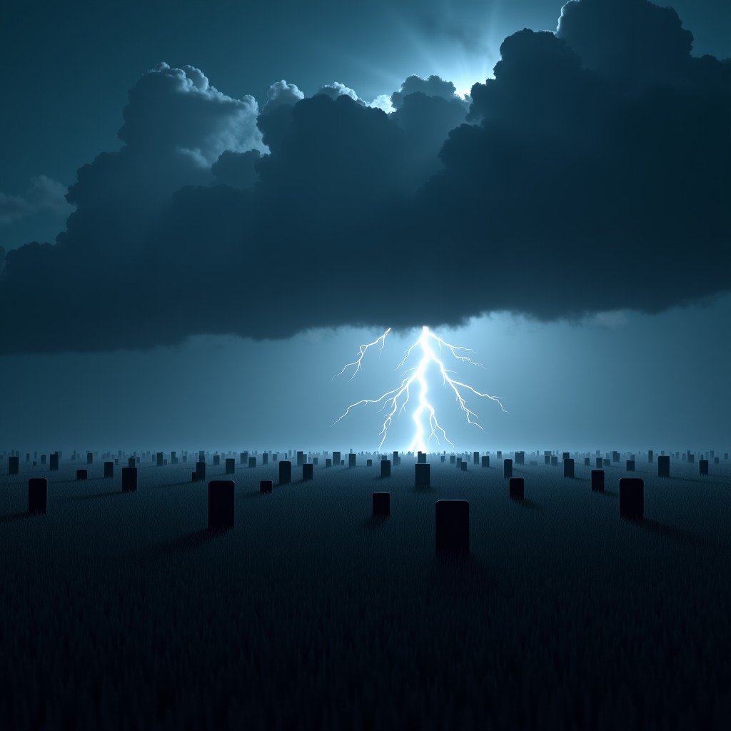 A dramatic scene of dark storm clouds hovering over a vast field filled with various generic smartphones, lightning striking in the distance, high contrast, cinematic atmosphere, 4:3