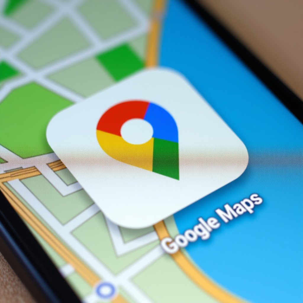 A close-up shot of a modern smartphone screen displaying the newly redesigned Google Maps icon with a vibrant four-color gradient pin. The background is a clean, slightly blurred city map interface. High resolution, 4:3