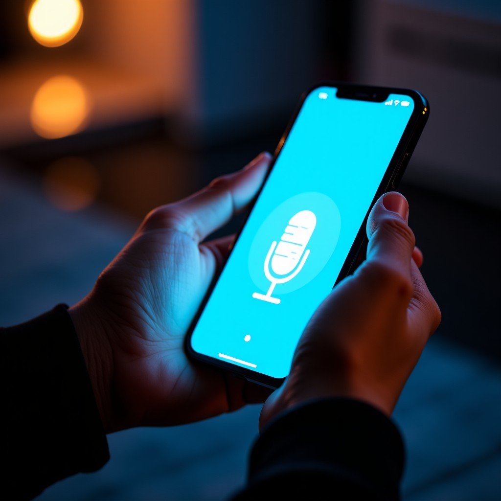 A person holding a modern smartphone with a sophisticated voice assistant interface glowing on the screen. 4:3