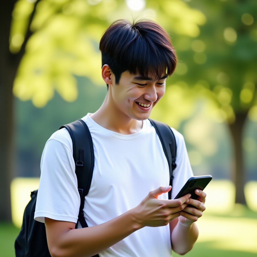 A young Korean man smiling while looking at his smartphone screen in a bright outdoor park setting, soft natural sunlight, realistic lifestyle photography, 4:3