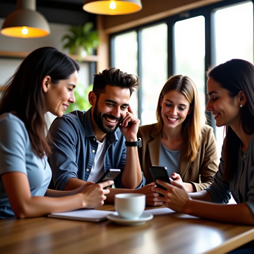 A group of diverse young professionals in a bright modern cafe looking at their iPhones and discussing something intently. They look engaged and positive. Warm natural lighting coming through large windows. Realistic lifestyle photography. 4:3