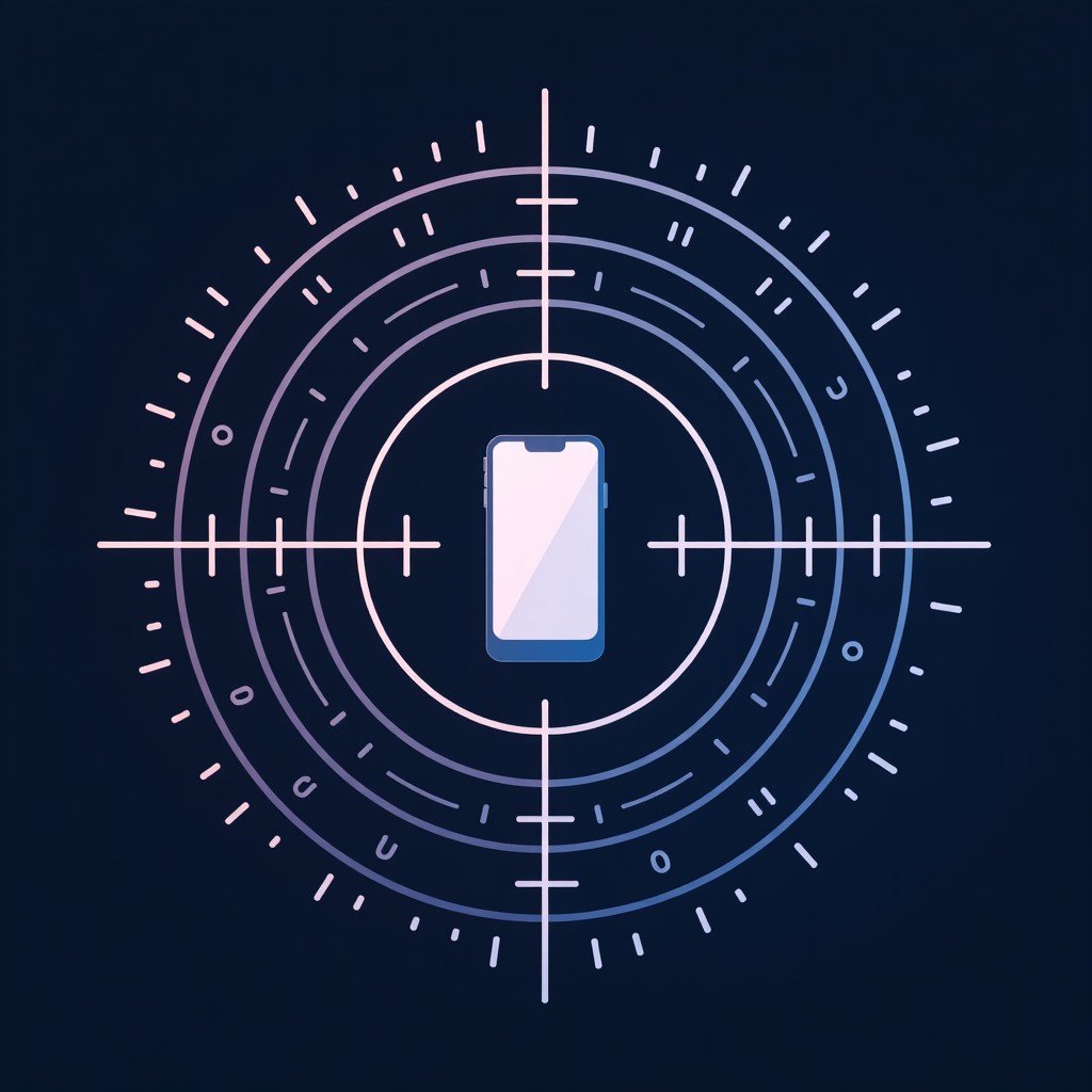 A conceptual illustration of a smartphone in the center of a radar or target crosshair with binary code and circuit patterns. Modern infographic style with high contrast. No text. 4:3