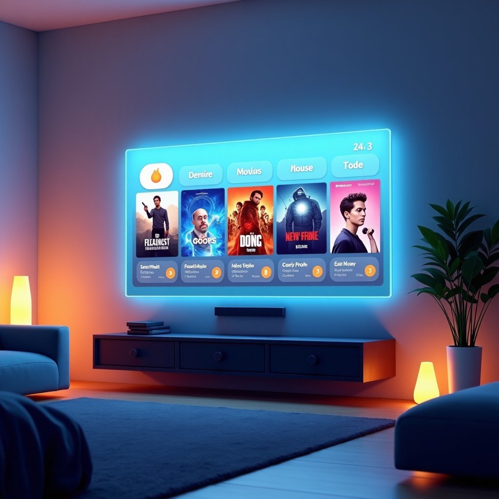Artistic rendering of a modern living room with a transparent thin screen displaying various movie covers and digital streaming symbols, soft ambient lighting, high-tech interior, warm atmosphere, 4:3