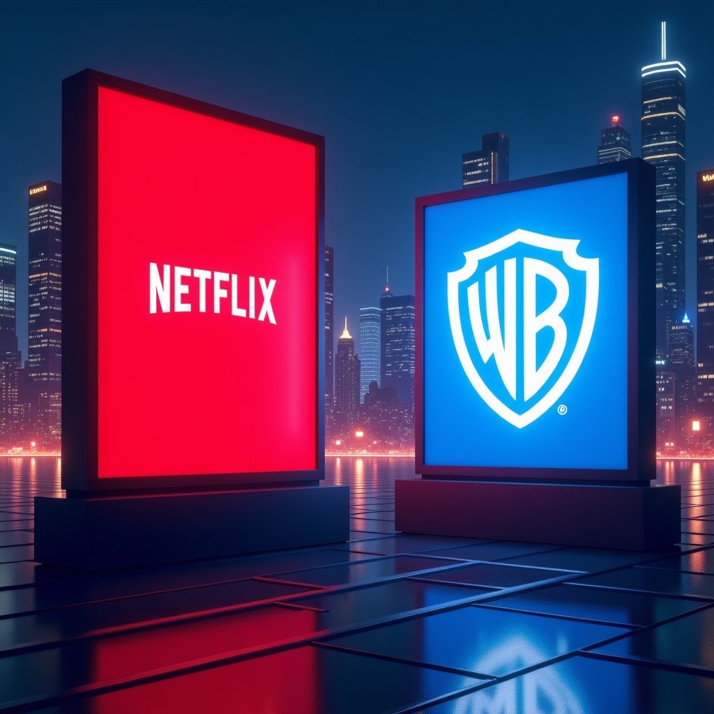 Cinematic high-quality digital illustration of Netflix and Warner Bros logos on large neon screens in a futuristic cityscape, dramatic lighting, sparks of energy between the logos, vibrant red and blue colors, no text, 4:3