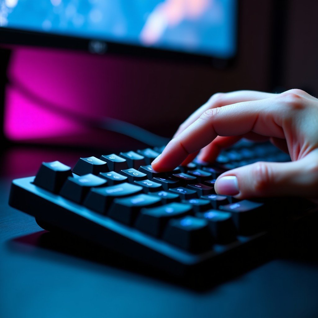 Close-up shot of a human hand pressing the spacebar on a high-end mechanical keyboard. Atmospheric lighting with a subtle glow coming from the monitor. Detailed texture of the keycaps, realistic photography style. 4:3