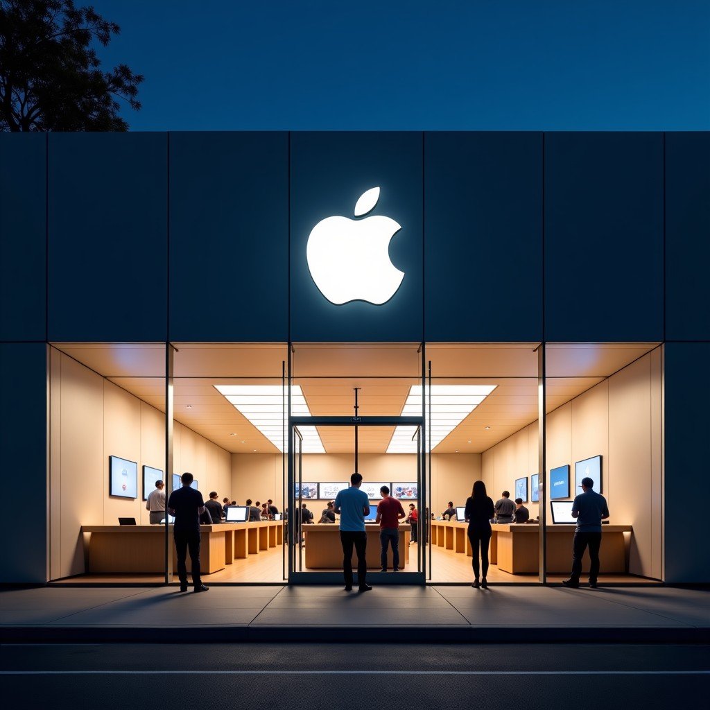 An Apple Store interior at night with large glass windows and glowing logos. People inside looking at devices. Calm and sophisticated atmosphere. Wide angle architectural photography. 4:3