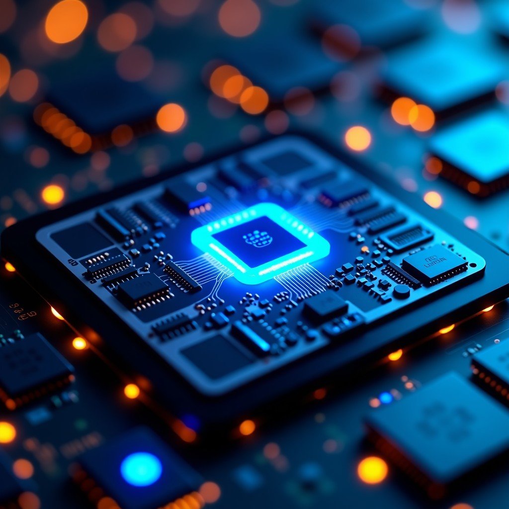 An artistic internal view of a tablet showing a high-tech circuit board with a central processor glowing in blue light. The components are arranged neatly with a sense of speed and power. Cinematic lighting with a dark tech-focused background. No text. 4:3