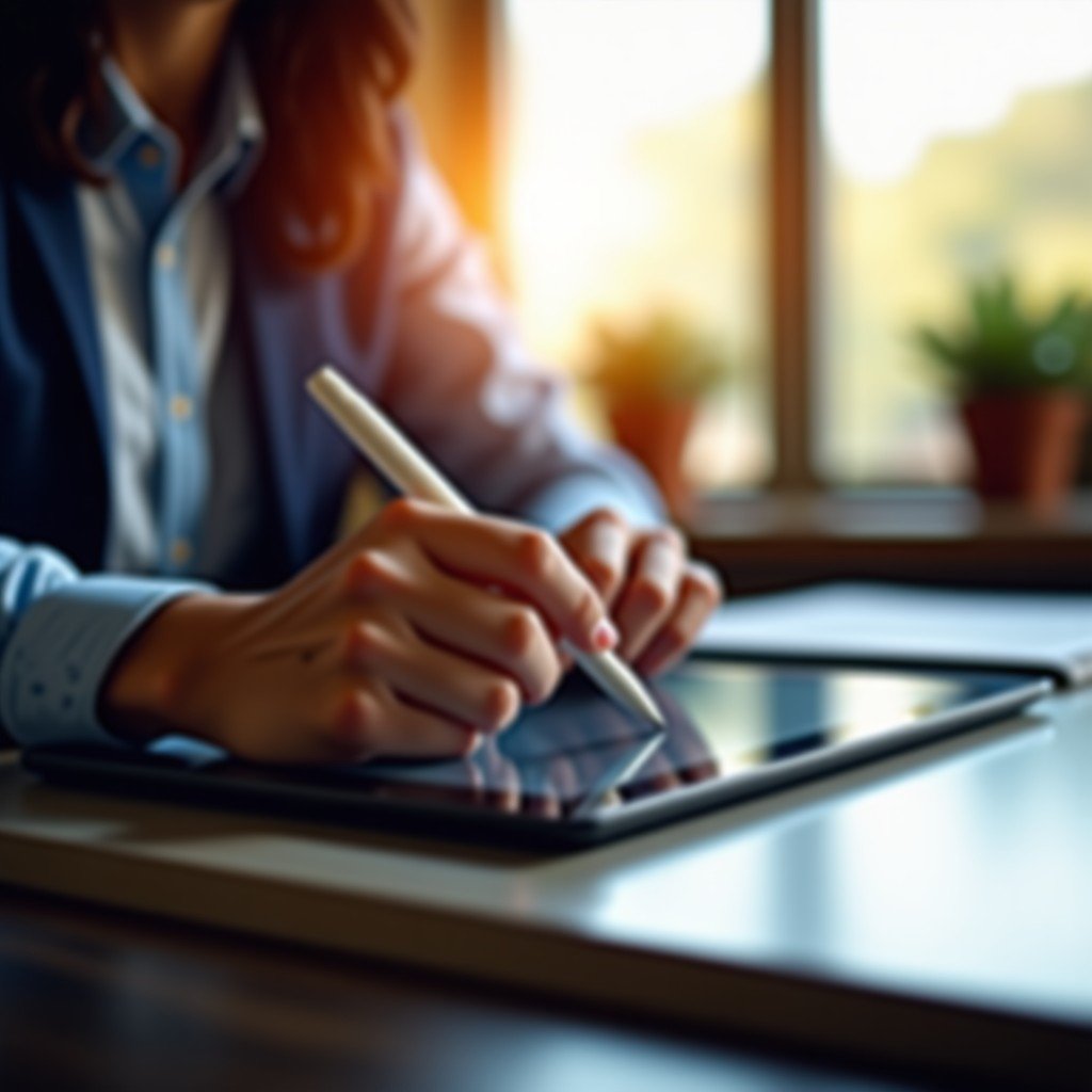 Close up of a person using a tablet with a stylus, professional and focused environment, warm natural lighting, 4:3 aspect ratio