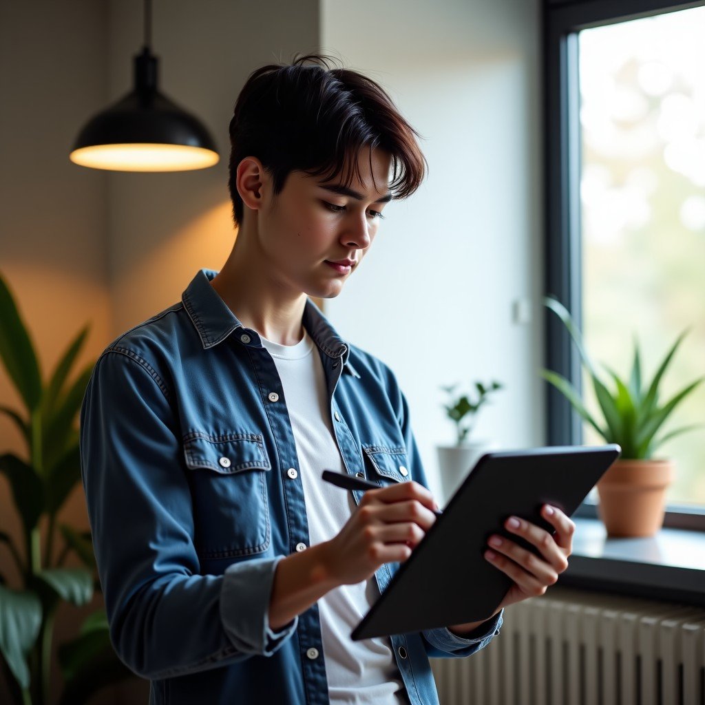 A young creative professional using a large tablet with a stylus in a bright and modern studio, lifestyle photography, natural lighting, focused expression, 4:3