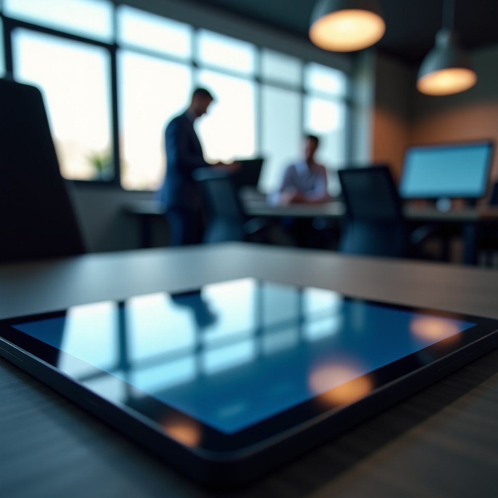 Close up shot of a tablet screen showing advanced creative workspace, blurred background of a modern office, cinematic lighting, 4:3 aspect ratio