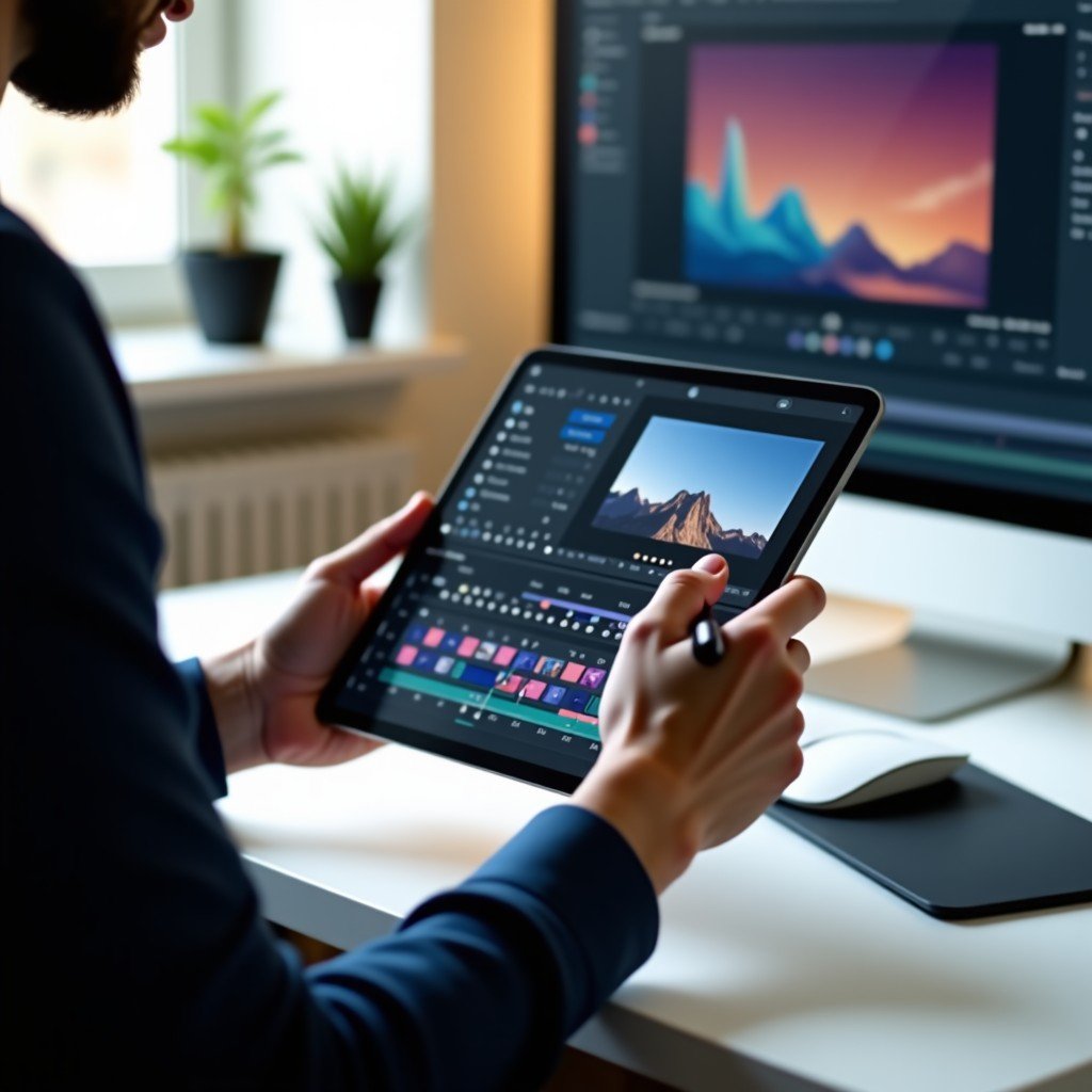 A creative professional using a tablet with a stylus to edit high-resolution 4K video in a bright studio. Focus on the hands and the screen showing a complex editing interface. Realistic lifestyle photography. 4:3