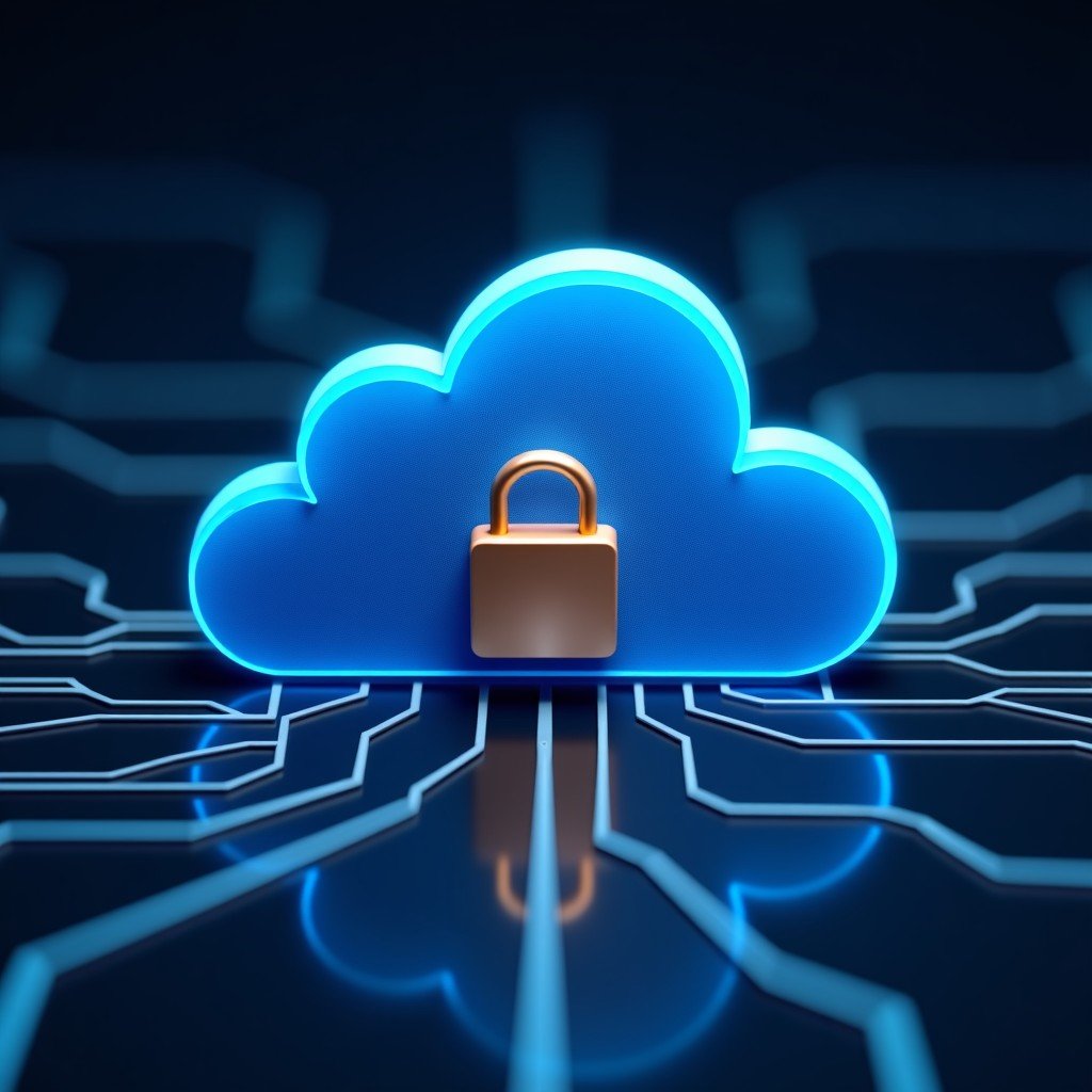 Abstract digital cloud network with a metallic lock icon symbolizing secure cloud computing. 1:1