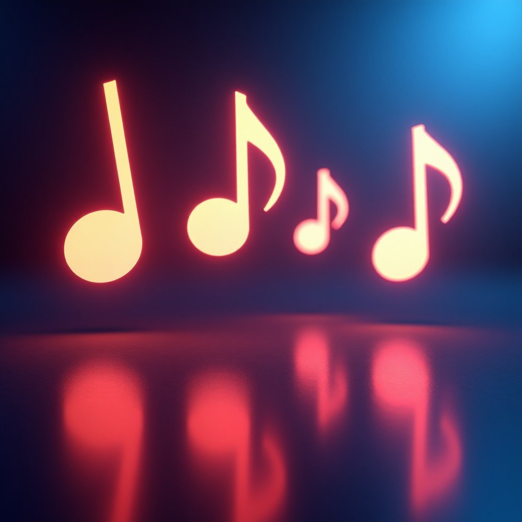 A high-tech digital studio atmosphere with glowing abstract musical notes floating in the air, modern minimalist style, cinematic lighting, 8k resolution, photorealistic, 4:3