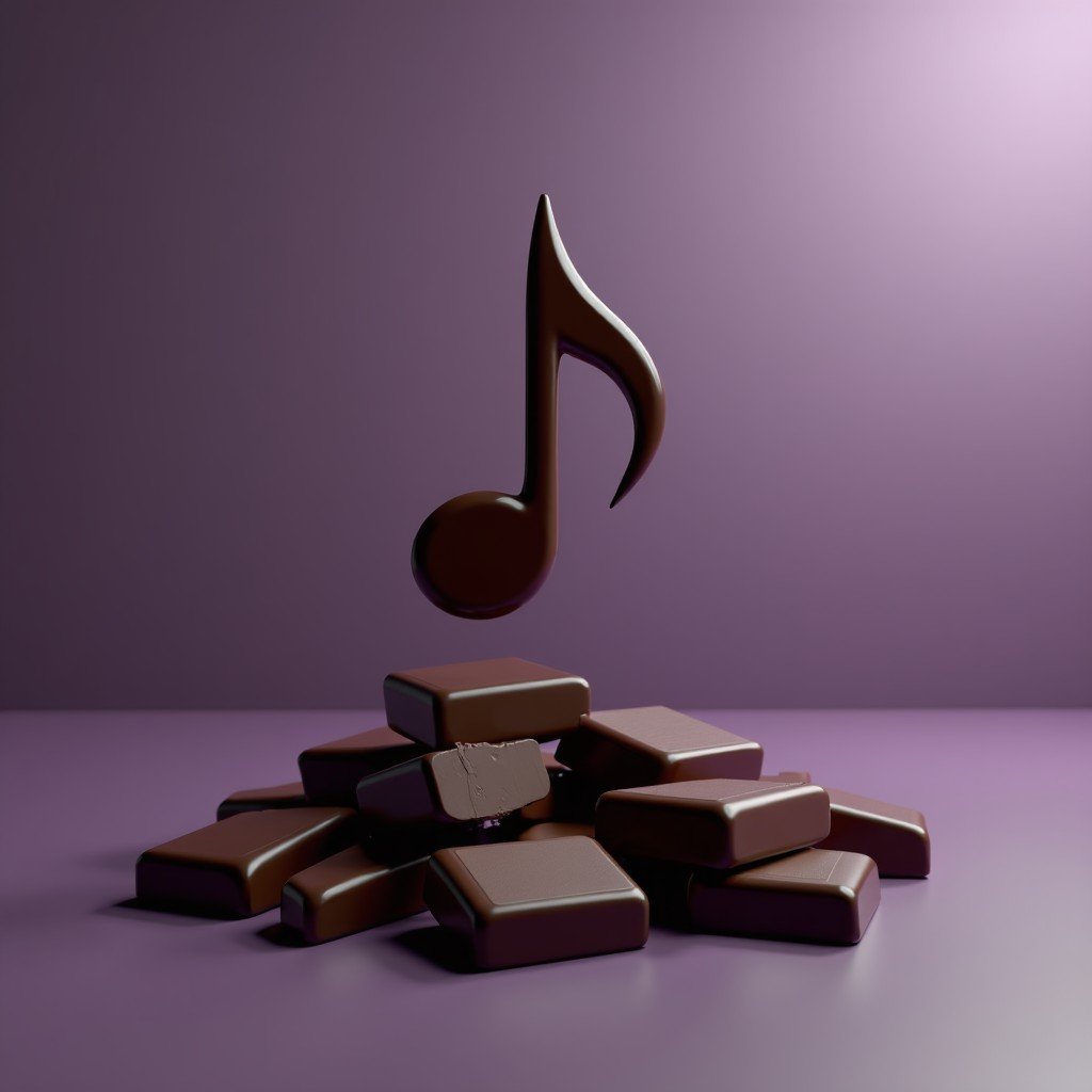 An artistic 3D rendering featuring a stylized glossy music note icon floating above several broken pieces of dark chocolate. The background is a sophisticated deep purple with soft studio lighting. High contrast and clean composition. No text. 1:1