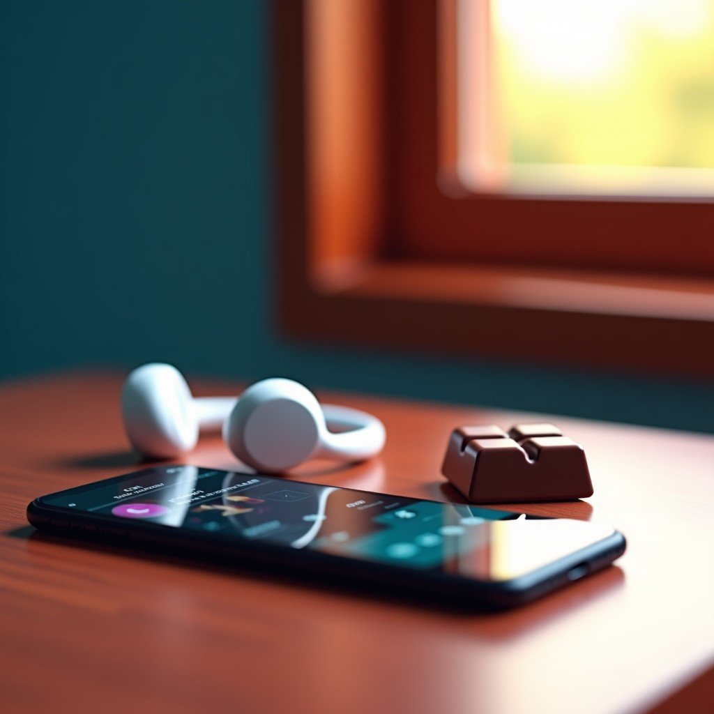 A high-quality lifestyle photograph showing a square chocolate bar next to a pair of modern white wireless headphones and a smartphone displaying a music app interface. The background has a warm, soft gradient of blue and red colors. Natural sunlight from a window creates a cozy atmosphere. No text. 4:3