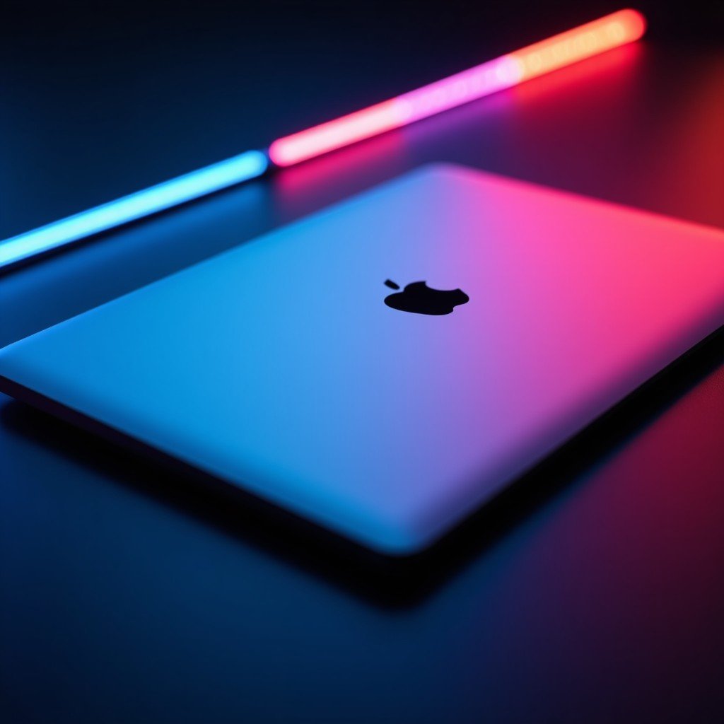 A cinematic shot of a sleek laptop lid with a glowing Apple logo, surrounded by vibrant and colorful light streaks, modern and sophisticated atmosphere, 4:3