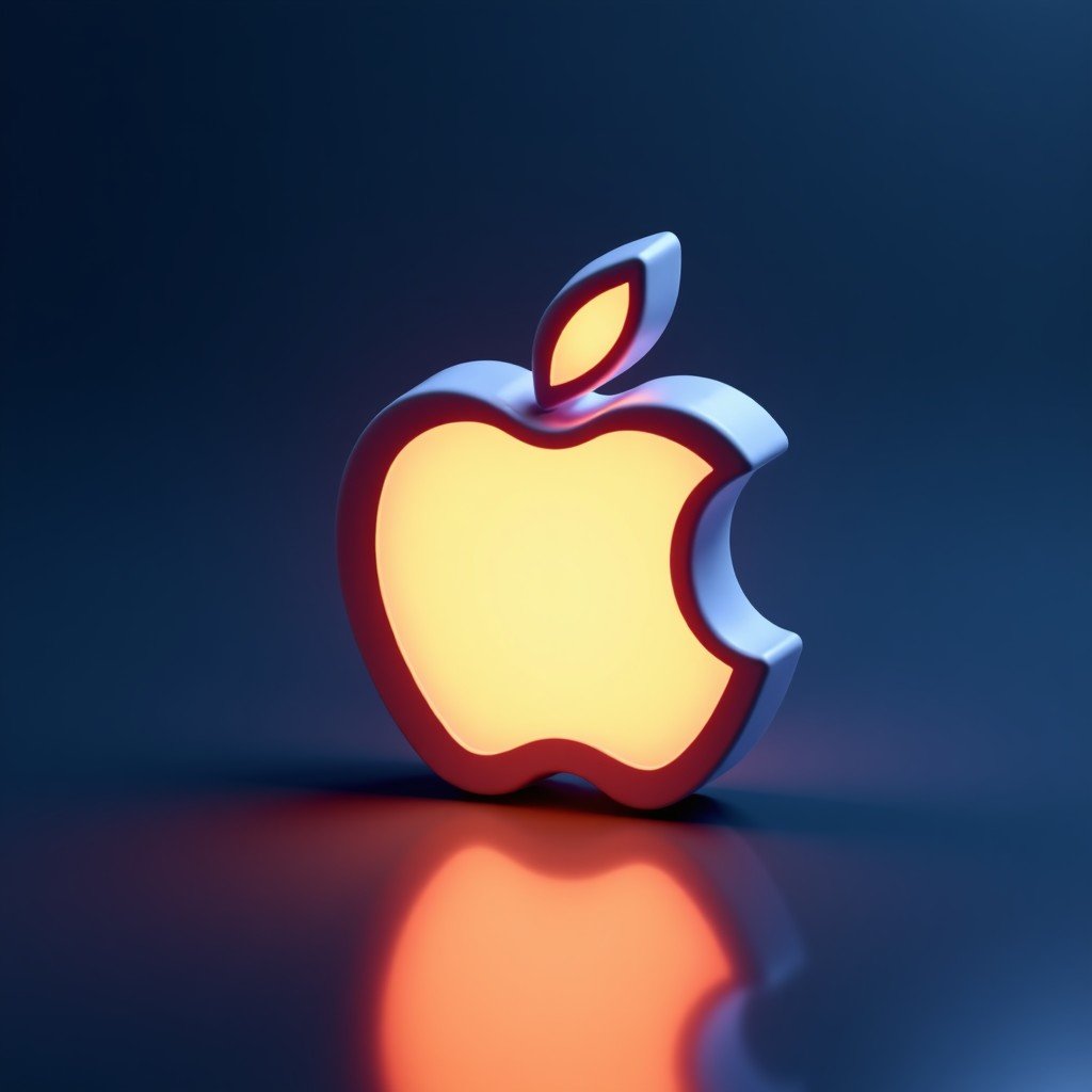 A sleek minimalist 3D rendering of an Apple logo and a Google Gemini star symbol converging in a glowing digital space. 1:1