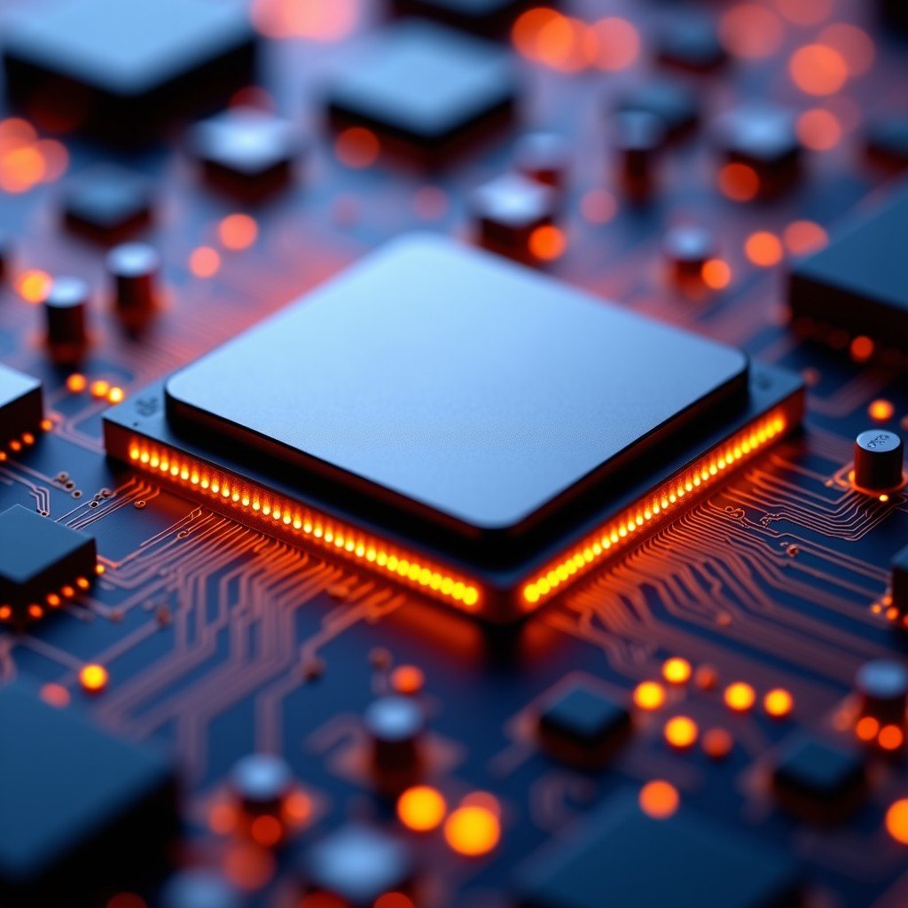 A close up of a powerful computer processor chip with glowing circuits, Apple-style sleek design, professional product photography, 4:3