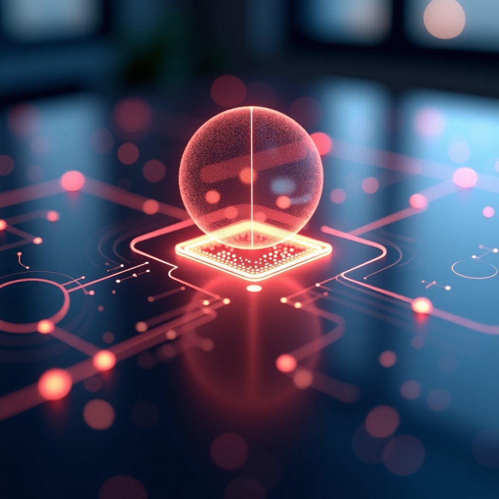 A futuristic glowing neural network representing Apple new Core AI framework on a sleek glass surface with soft bokeh lighting 4:3