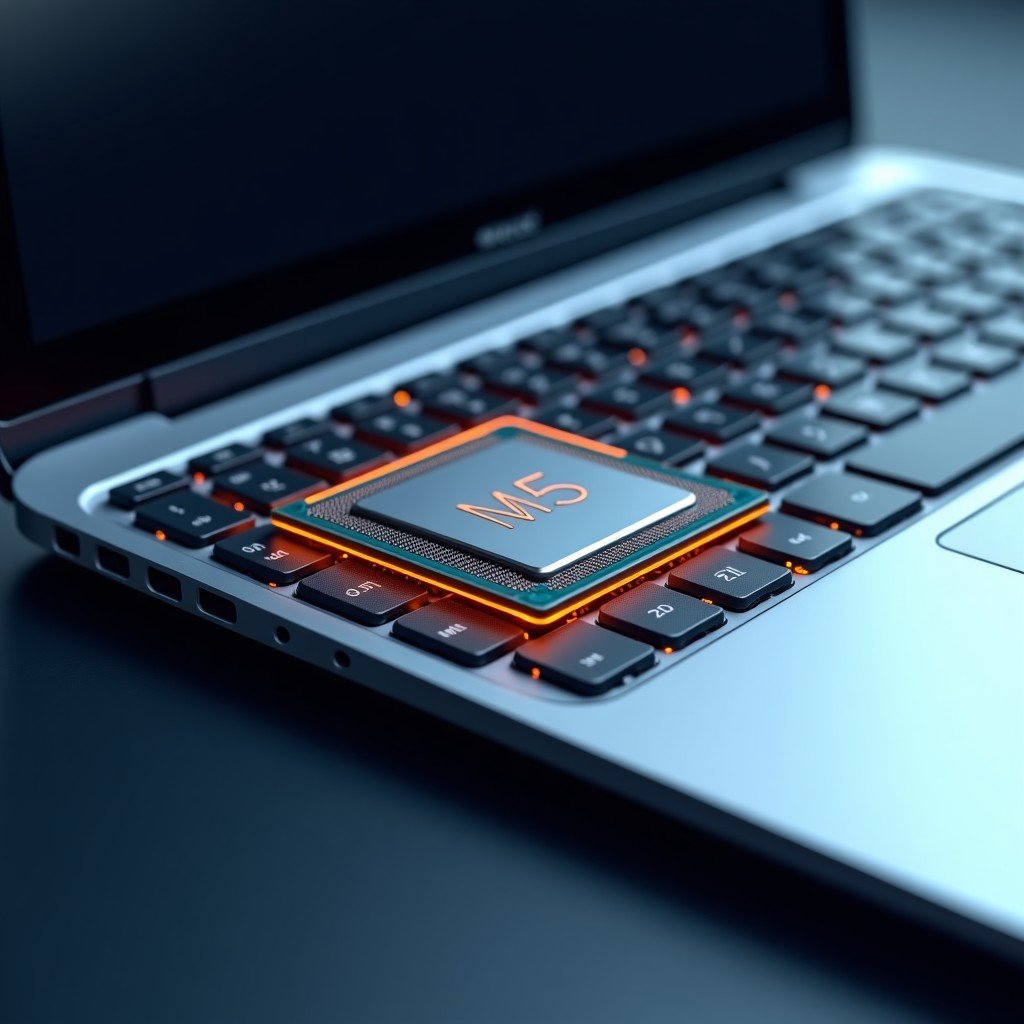 A high-tech computer processor chip labeled M5 being installed into a slim silver laptop chassis, technical illustration, bright lighting, no text, 4:3